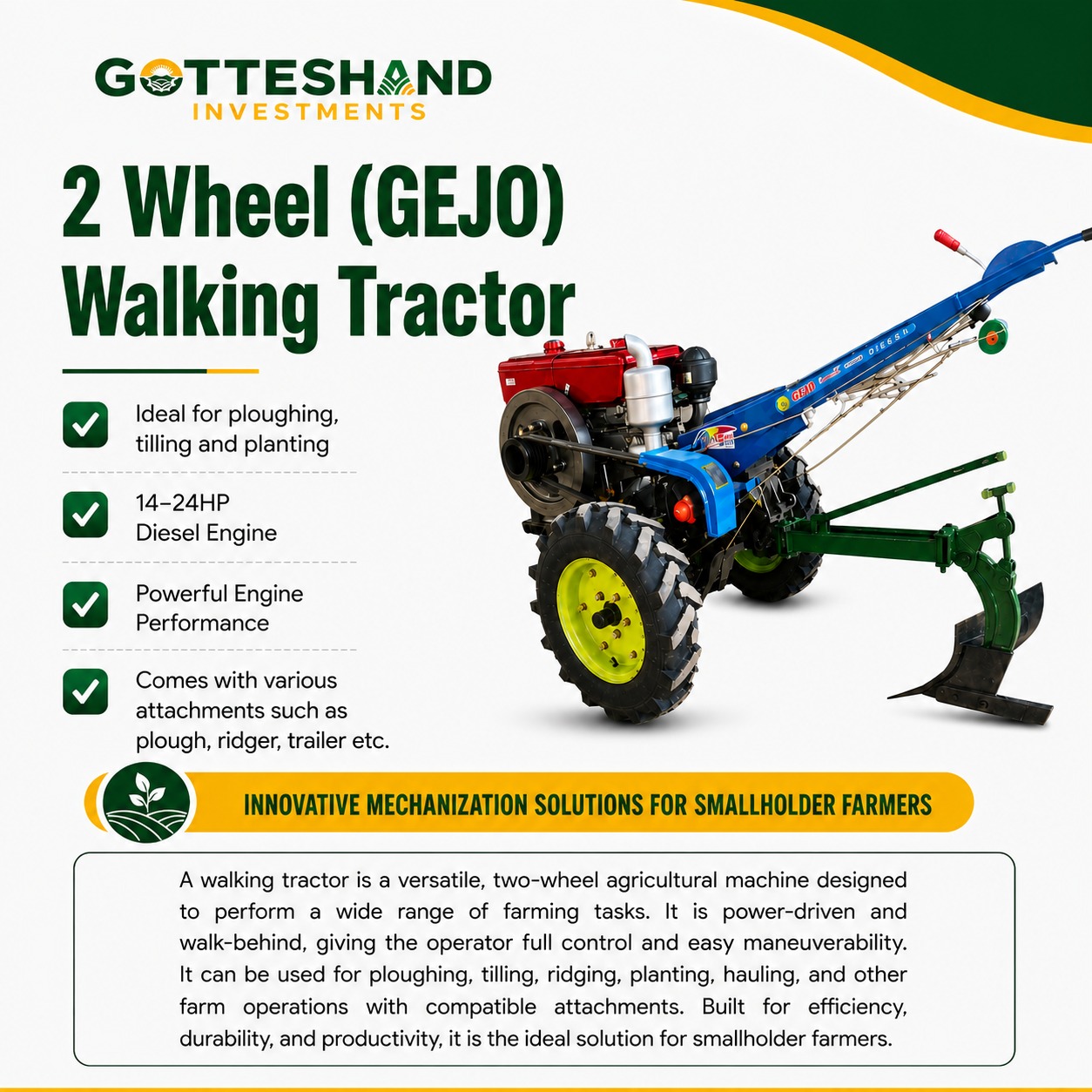 2 Wheel (Gejo) Walking Tractor